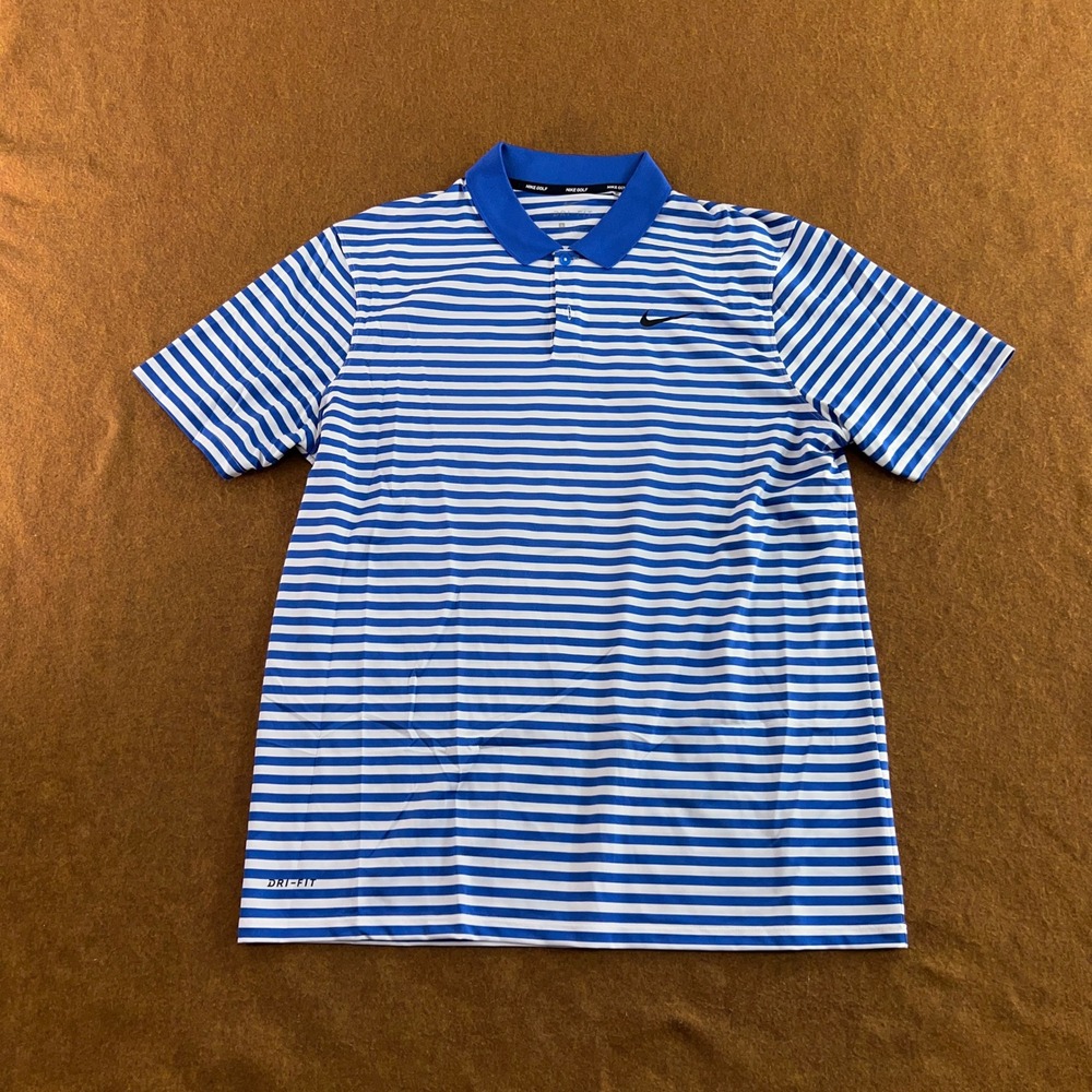Nike Mens Large Blue Striped Dri-FIT Short Sleeve Golf Polo Shirt